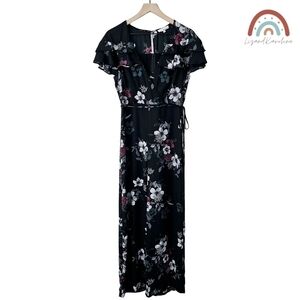 June & Hudson Faux Wrap Chiffon Winter Floral Ruffle Straight Leg Jumpsuit